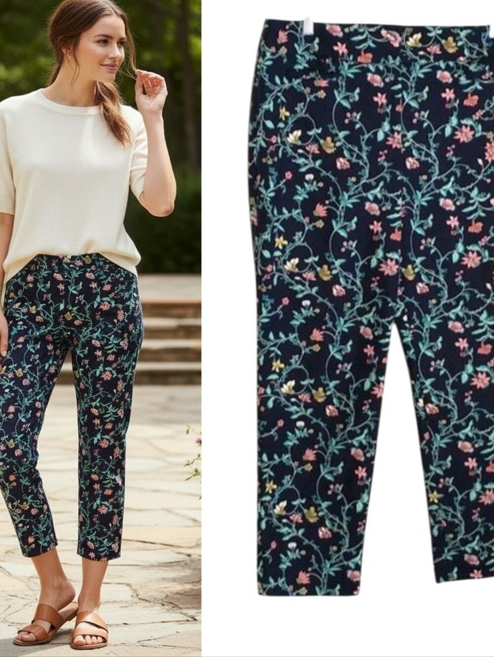 LOFT Julie The Riviera Pant Women's Size 10 Navy Blue Floral Cropped Slim Capri